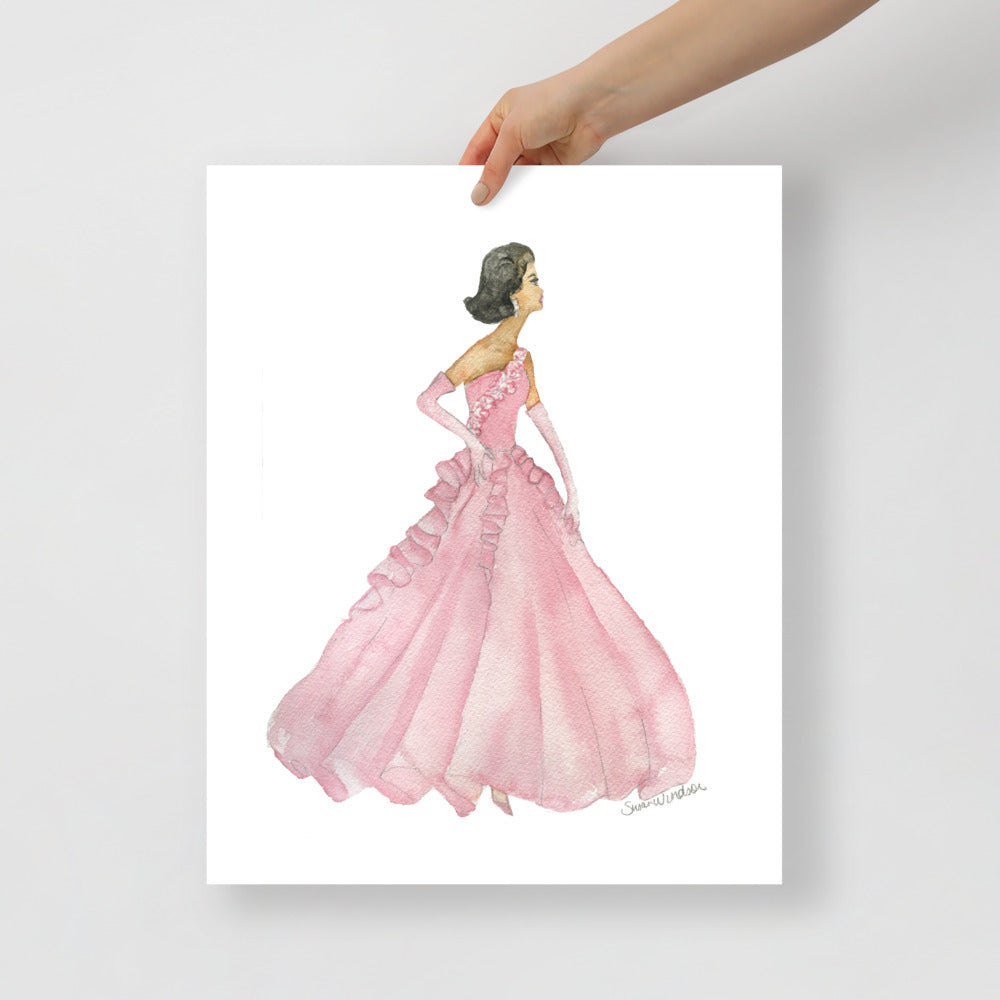 Pink Ball Gown Brunette Princess Watercolor Fashion Illustration Susan Windsor