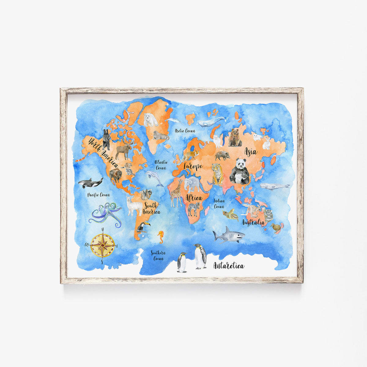 Watercolor World Map with Animals – Susan Windsor